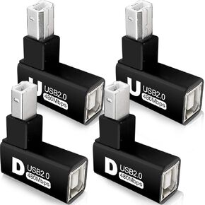 4pcs 90 درجة محول طابعة USB 2.0 Type-B ، USB 2.0 B من الذكور إلى محول الطابعة الإناث من النوع B للطابعة ، الماسح الضوئي ، الفاكس ، كبل تمديد طابعة HDD المتنقلة (يسار+يمين)