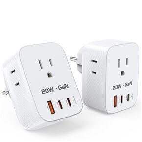 Type E/F Plug Adapter [2 Pack] Germany France-European Power Adapter with 3 AC Outlets & 3 USB Ports (2 USB-C), International Adapter for US to EU Spain Greece