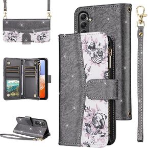 for Samsung Galaxy A16 5G/4G Floral Wallet Case with Zipper Purse Wrist Strap Shoulder Strap, Luxury Glitter PU Leather Card Holder Stand Accessories Cell Phone Cover for A 16 Women Black