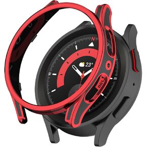 Smartwatch Full Coverage PC Protective Case Cover with Tempered Glass Screen Protector Compatible with Samsung Watch 5 40mm, Soft and Durable(Black+Red)