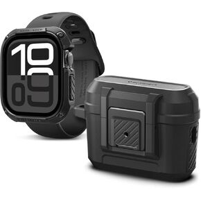 Spigen Tough Armor Apple Watch 10 46mm Case and Lock Fit AirPods Pro 2nd Generation Case Bundle - Black