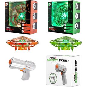 Force1 Scoot Skeet Drone and Blaster Gun Game Bundle-(1) Orange Skeet Drone, (1) Green Skeet Drone, Indoor Flying Toy and (1) Blaster Gun,LED Toy Gun with Easy Switch Launch and Drop Mode Button
