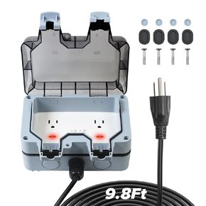 Outdoor Power Outlet Box with 9.8Ft Extension Cord, Switches & LED Indicator Electrical Outlets Extender, 14 AWG 15 AMP 5-15R, Waterproof IP66, Wall Socket with Cover for Garden