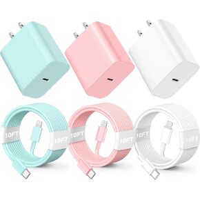 3Pack Phone 14 Chargerr Fast Charging,20W USB C Wall Charger, Type C Charger Block with 10FT Long USB C to Liightning Cable for Phone 14/13/12/12 Pro Max/11/Xs Max/XR/X,AWhtie,Pink,Green