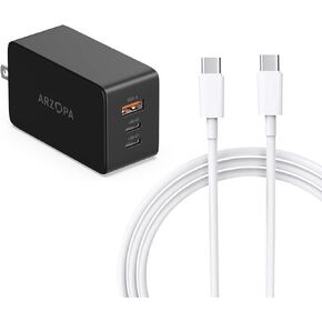 ARZOPA USB C Charger Block and Cable, GaN Fast Charger 3-Port Power Adapter Compact Foldable Plug for MacBook Pro/Air, iPad Pro, iPhone 15/Pro, Galaxy S24 Ultra, Dell XPS 13, Pixel, Monitor