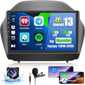 Car Radio for Hyundai Tucson 2010 2011 2012 2013 2014 2015,Wireless Carplay Android Auto,Android 13 System,2+64GB,10.1 Inch Touch Screen Bluetooth Car Radio GPS WiFi Backup Camera,Stereo for Tucson