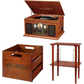 Victrola Nostalgic 6-in-1 Bluetooth Record Player & Multimedia Center + Wooden Stand for Wooden Music Centers with Record Holder Shelf + Wooden Record Crate (Mahogany)