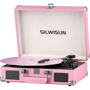 Pink Vinyl Record Player 3 Speeds Portable Suitcase Turntable with Built-in Dual Speakers, Bluetooth Gramophone with Built-in Battery 3.5mm Aux Input/RCA Output