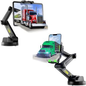 Big Rig Truck Tablet Mount & Green Semi Truck Phone Mount و Heavy Duty Tablet & IPAD Holder ، حامل جهاز الهاتف الخليوي للوحة القيادة ، الزجاج الأمامي ونافذة ، كوب شفط مستقر للغاية (1 TM & 1 مساءً)