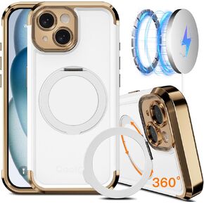 COOLQO for iPhone 14 Case 6.1'' Upgraded 360° Spin Magnetic Stand [Compatible with Magsafe][Military Grade Drop Protection] Shockproof Protective Phone Holder Cover for iPhone 14, Black Gold