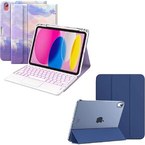 MoKo iPad 10th Generation 10.9 Inch 2022 Slim Stand Protective Cover and 7 Colors Backlight & Multi-Touch Trackpad Keyboard Case, Navy Blue+Watercolor Purple