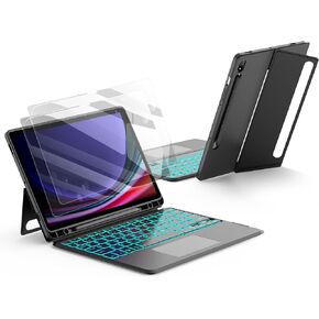 JUQITECH Samsung Galaxy Tab S9+ S9FE+ Backlit Trackpad Keyboard Case and 2 Pack Screen Protector, for Tab S9 Plus S9 FE Plus 12.4" 2023 Tablet Case Kickstand Magnetic Detachable Wireless Keyboard