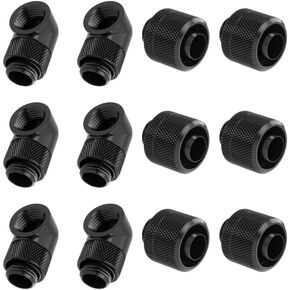 Dracaena.io 12 Pcs G1/4" Thread to 3/8" ID, 5/8" OD Soft Tubing Compression Fitting, 90° Rotary Extender Fitting, Combo Fittings for Computer Water Cooling System, Black