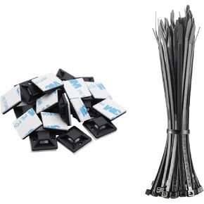 100pcs Adhesive Cable Tie Mounts Set Adjustable Plastic Tie Zipper Straps Bundling for Cable Wire Tube Sleeve Conduit Management, White