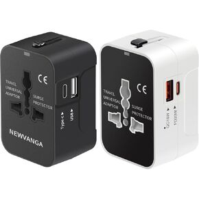 محول السفر ، محول توصيل سفر عالمي مع USB C + USB A ، 2 Pack (بالأبيض والأسود) شاحن محول الطاقة العالمي في جميع أنحاء العالم للاتحاد الأوروبي في المملكة المتحدة AUS ASIA