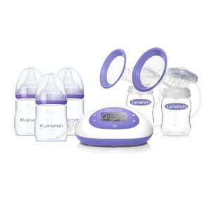 Lansinoh Signature Pro Double Electric Breast Pump, Portable Breast Pump, 3 Power Options, LCD Display, Includes Breast Pump Bag, 25mm Breast Pump Flanges and 2 Lansinoh Baby Bottles (pack of 1)