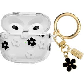 Compatible with AirPods 3 Case Cover 2021, Soft TPU with Cute Flower Pattern for AirPods 3rd Generation Case with Flower Keychain and Carabiner for Girls Women (Pink Bow)