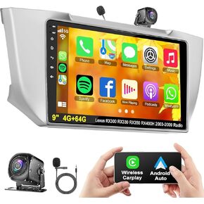 [4+64G] Car Radio for Lexus RX300/RX330/RX350/RX400H 2003-2009 with Wireless Carpaly & Android Auto, 9 Inch IPS Touchscreen Car Stereo with GPS Navigation/Bluetooth 5.2/FM/Backup Camera/WiFi/SWC/HiFi