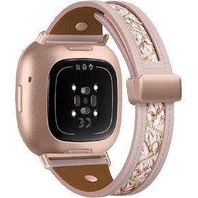 Soft Leather Band Compatible with Fitbit Versa 4/ Fitbit Versa 3/ Fitbit Sense 2/Fitbit Sense Band, Embroidery butterfly Strap Replacement Bands for Women. (Rose Pink)