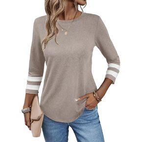Women Crewneck 3/4 Sleeve Sweatshirts Fall Casual Color Block Curved Hem Tops Loose Fit Tunic Shirts 2024