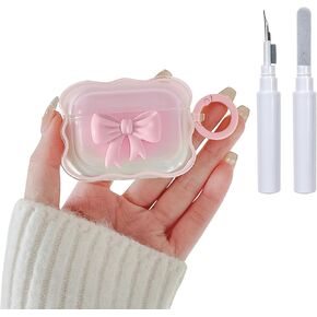 Compatible for AirPods Case with Cleaner Kit Cute 3D Colour Bow Design Shockproof Soft Clear TPU with Bow Keychain Cover for Girls Woman for Airpods Pro 2-Pink Bow