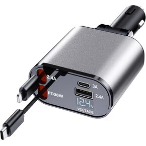 Retractable Car Phone Charger, 4 in 1 Fast Charge Car Phone Charger with 2 Retractable Cables(2.6ft) and 2 USB Ports, Compatible with iPhone15/14/15 Pro Max,Samsung