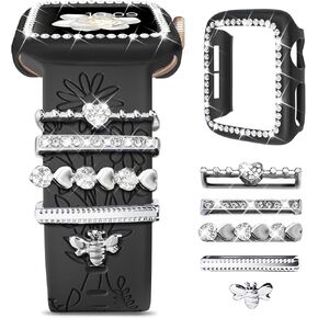 Engraved Band + Charms + Case for Apple Watch Band 38mm 40mm 41mm 42mm 44mm 45mm Women, Soft Silicone Flower Sport Straps with Protective Glitter Bumper for iWatch Series 9 8 7 6 5 4 3 2 1 SE