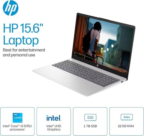 HP 15.6" Touchscreen Laptop Windows 11 Pro, Intel i3-1215U(Up to 4.4GHz), Intel UHD Graphics, 32 GB RAM, 1 TB SSD, Long Battery Life, Wi-Fi 6E, Business & Student, Office Pro 2024 Lifetime License in Saudi Arabia