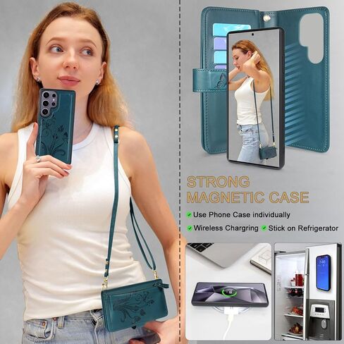 Lacass for Samsung Galaxy S25 Ultra Detachable Crossbody Wallet Case, Compatible with Wireless Charging, [Cards Theft Scan Protection], Magnetic Case Stand PU Leather Zipper(Floral Gray) in Saudi Arabia