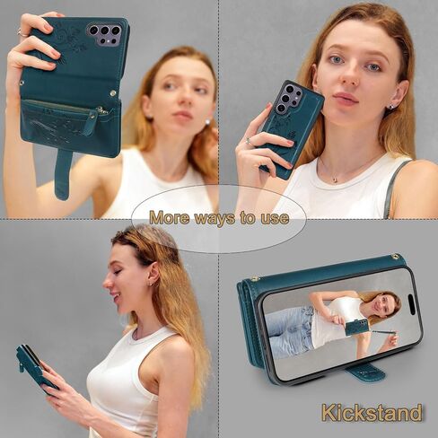 Lacass for Samsung Galaxy S25 Ultra Detachable Crossbody Wallet Case, Compatible with Wireless Charging, [Cards Theft Scan Protection], Magnetic Case Stand PU Leather Zipper(Floral Gray) in Saudi Arabia