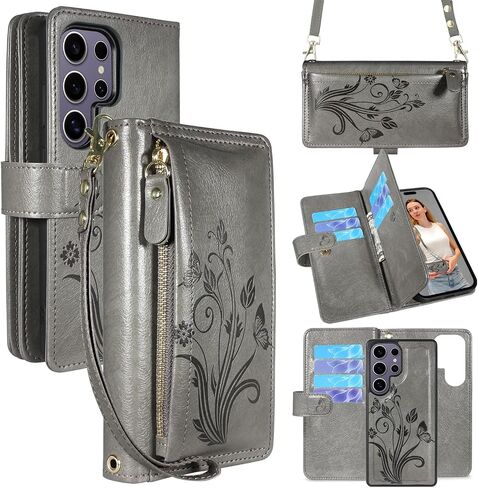 Lacass for Samsung Galaxy S25 Ultra Detachable Crossbody Wallet Case, Compatible with Wireless Charging, [Cards Theft Scan Protection], Magnetic Case Stand PU Leather Zipper(Floral Gray) in Saudi Arabia