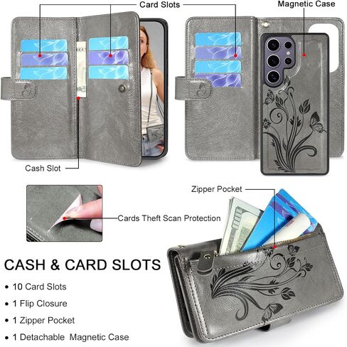 Lacass for Samsung Galaxy S25 Ultra Detachable Crossbody Wallet Case, Compatible with Wireless Charging, [Cards Theft Scan Protection], Magnetic Case Stand PU Leather Zipper(Floral Gray) in Saudi Arabia