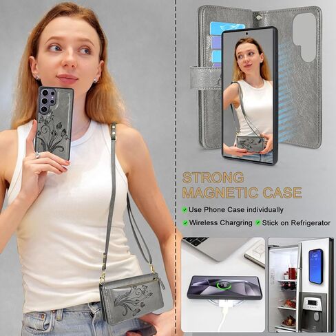 Lacass for Samsung Galaxy S25 Ultra Detachable Crossbody Wallet Case, Compatible with Wireless Charging, [Cards Theft Scan Protection], Magnetic Case Stand PU Leather Zipper(Floral Gray) in Saudi Arabia