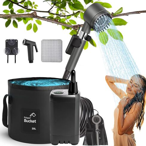 Rechargeable Camping Shower Pump, 9000mAh Portable Shower for Camping, 4 Sprayer Modes Electric Outdoor Shower Head IPX7 Waterproof USB Battery Powered Kit with 5 Gallon Bucket&Foot Pad in Saudi Arabia