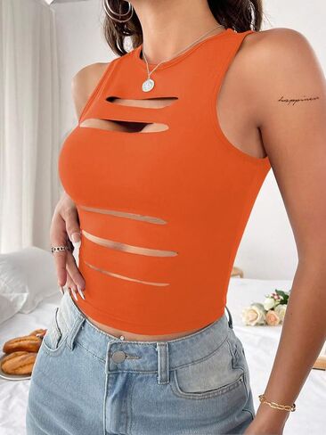 LovelyWholesale Women Sexy Cut Out Crop Tank Tops Crew Neck Summer Sleeveless Top in Kuwait