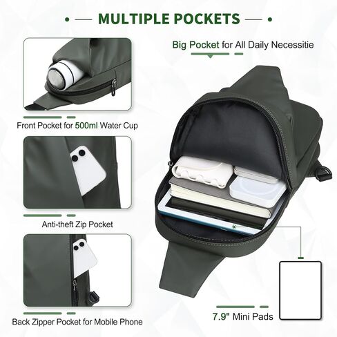 Small Sling Bag, Waterproof Nylon 7.9 Inch Crossbody Chest Bags Daypack Backpack with Anti-theft Pocket for Men Women (Dark Green) in Kuwait