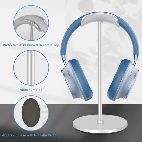 T-fun Headphone Stand, Curved Headset Stand with Aluminum Rod ABS Solid Base Gaming Headset Holder for Desk Headphone Accessories for Organization and Display, Silver in Saudi Arabia