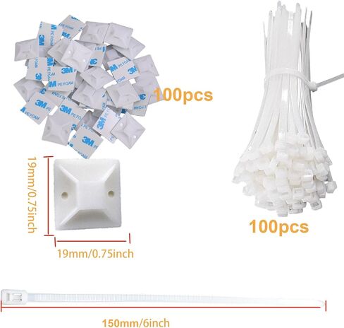 100pcs Adhesive Cable Tie Mounts Set Adjustable Plastic Tie Zipper Straps Bundling for Cable Wire Tube Sleeve Conduit Management, White in Saudi Arabia