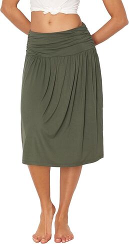 Bamboo Viscose Skirts for Women Knee Length Flowy Ruched High Waist Knit A-Line Casual Summer Skirt with Pockets in Kuwait