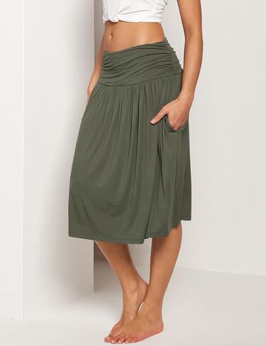 Bamboo Viscose Skirts for Women Knee Length Flowy Ruched High Waist Knit A-Line Casual Summer Skirt with Pockets in Kuwait