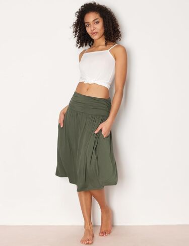 Bamboo Viscose Skirts for Women Knee Length Flowy Ruched High Waist Knit A-Line Casual Summer Skirt with Pockets in Kuwait