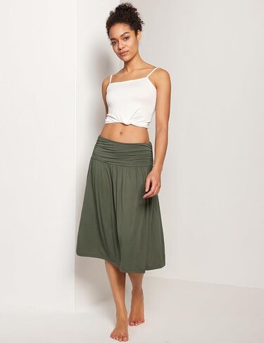 Bamboo Viscose Skirts for Women Knee Length Flowy Ruched High Waist Knit A-Line Casual Summer Skirt with Pockets in Kuwait