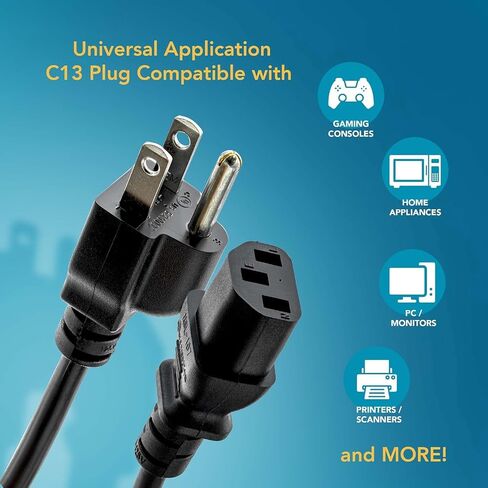 15ft (4.5M) - 2 Pack Universal Computer Monitor Power Cord, C13 Power Cable for Monitor, PC, Desktop, Printer, Scanner, 10Amps UL Approved 18/3 GA NEMA 5-15P to IEC13 in Kuwait