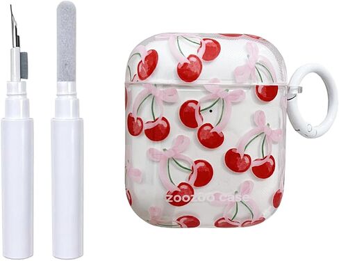 for AirPods Case (with Cleaner Kit) Clear Cute Bow Pattern Fashion Design Bowknot Aesthetic Shockproof Headphone Cover Cases for Airpods 2&1-Red Cherry in Kuwait