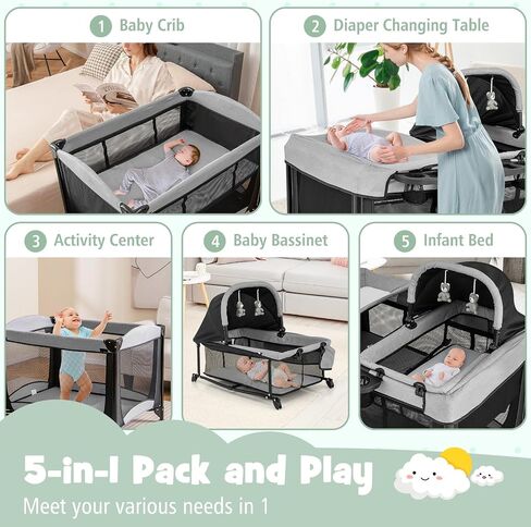 HONEY JOY Pack and Play with Bassinet, 5 in 1 Portable Baby Playard w/Changing Table, Removable Infant Full-Size Bassinet & Mattress, Diaper Storage Bag, Foldable Newborn Nursery Center w/Carry Bag in Kuwait