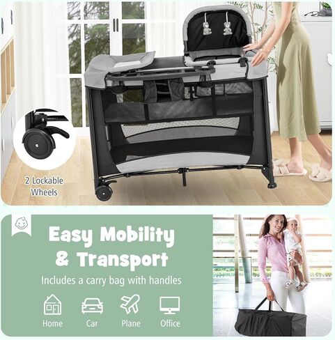 HONEY JOY Pack and Play with Bassinet, 5 in 1 Portable Baby Playard w/Changing Table, Removable Infant Full-Size Bassinet & Mattress, Diaper Storage Bag, Foldable Newborn Nursery Center w/Carry Bag in Kuwait