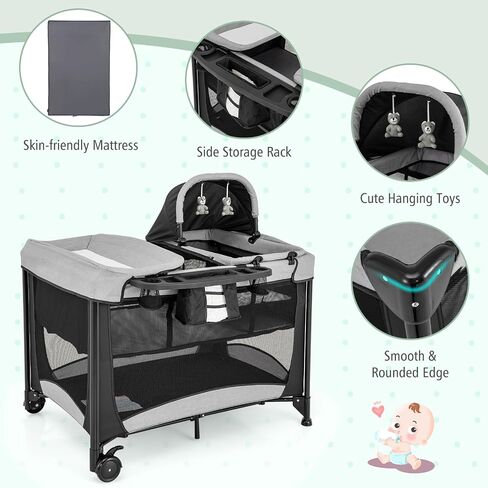 HONEY JOY Pack and Play with Bassinet, 5 in 1 Portable Baby Playard w/Changing Table, Removable Infant Full-Size Bassinet & Mattress, Diaper Storage Bag, Foldable Newborn Nursery Center w/Carry Bag in Kuwait