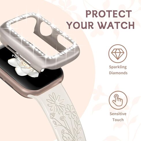 فرقة محفورة + سحر + علبة لفرقة Apple Watch 38 مم 40 مم 41 مم 42 مم 44 مم 45 مم ، وأشرطة رياضية للسيليكون الناعمة مع مصد بريق واقية لسلسلة IWatch 9 8 7 6 5 4 3 2 1 SE in Kuwait