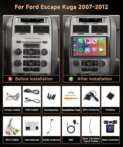 راديو Carplay 2G+64G لاسلكي لسيارة Ford Escape Kuga 2007-2012، Rimoody Android 13 ستيريو سيارة لسيارة Mazda Tribute 2007-2012 Android Auto 9 بوصة تعمل باللمس GPS WiFi Bluetooth FM/RDS EQ + كاميرا احتياطية in Saudi Arabia