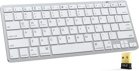2.4G Wireless Keyboard, Ultra Slim Dual Bluetooth Keyboard with Media Hotkeys for Mac/iPad/iPhone/Computer/PC/Desktop/Laptop/Surface and Apple/Windows/Android Rechargeable, Silver in Saudi Arabia